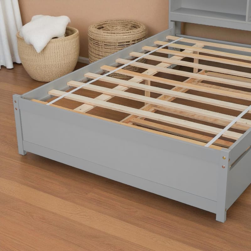 Twin/Full Bed Frame with Pull-Out Trundle and Bookcase Headboard, No Box Spring Needed
