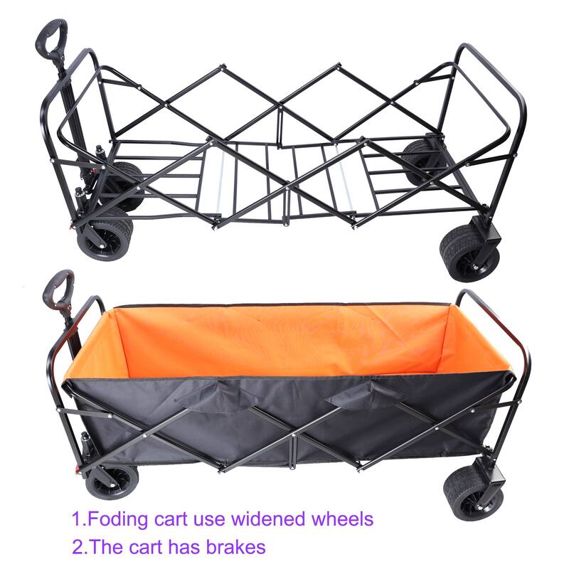 Extra-Long Folding Wagon Cart - Large Capacity Garden & Beach Hauler, Black & Orange