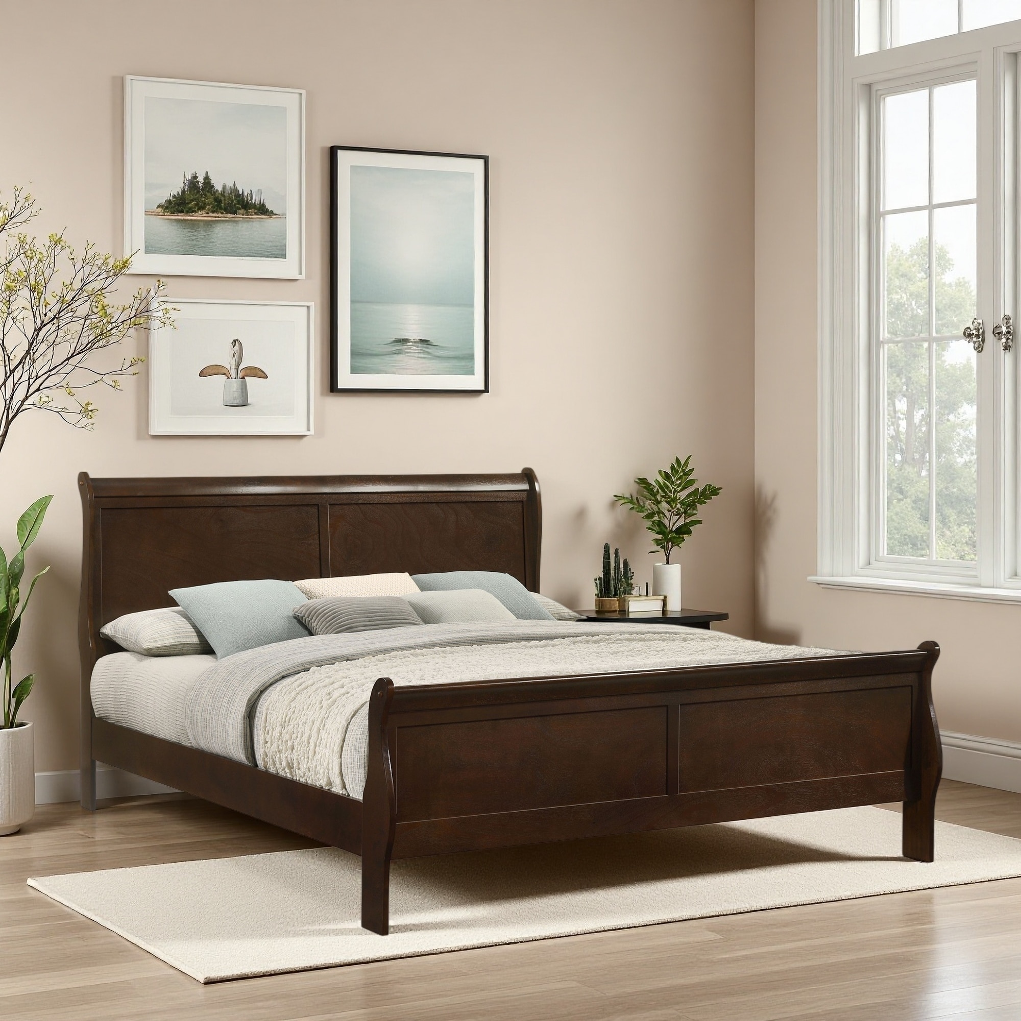 Eastern King Wood Sleigh Bed with Curved Headboard and Slatted Design