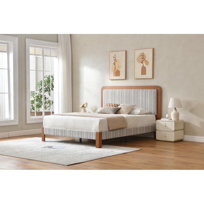 Modern Wooden Platform Bed Frame with Textured Gray Upholstered Headboard