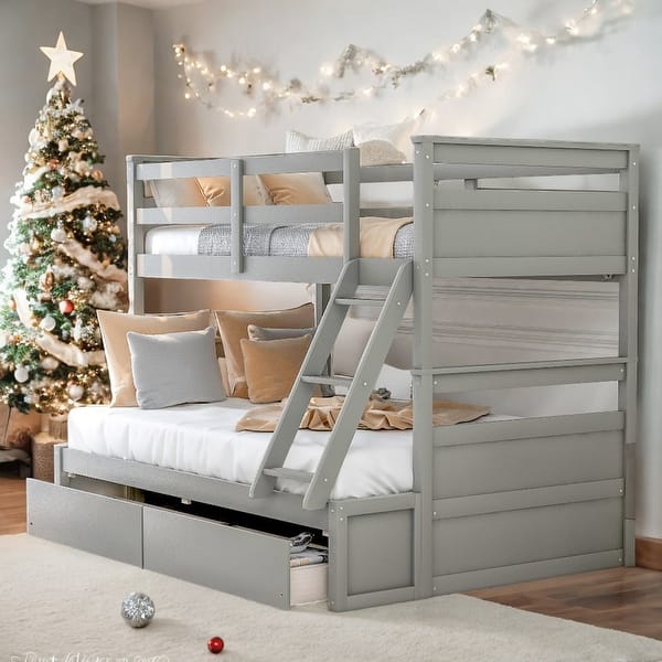 slide 2 of 18, Twin over Full Bunk Bed with Storage, Maximized Space, Split Into 2 Beds, Versatility Galore, Solid Construction, Grey Grey
