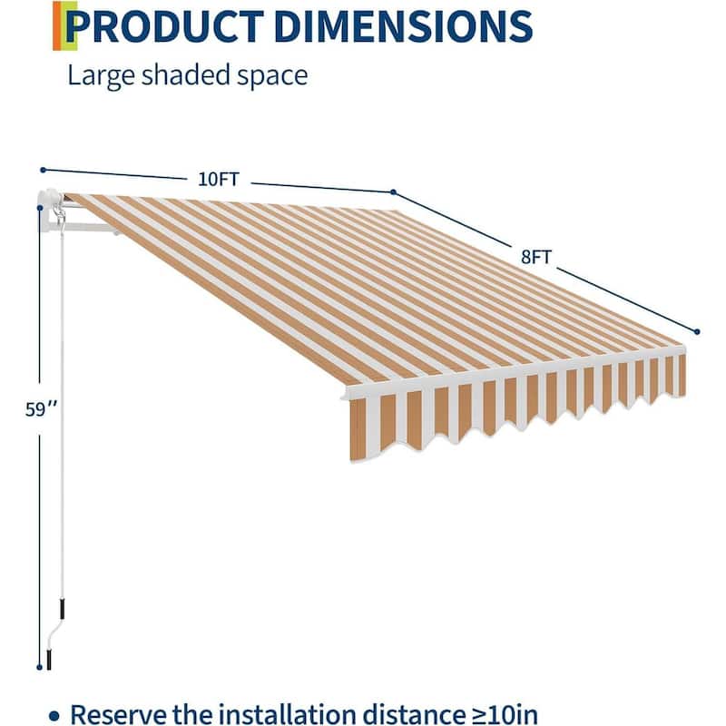 10'x8' Retractable Waterproof Patio Awning, Sun Shade Awning with Manual Crank Handle - N/A