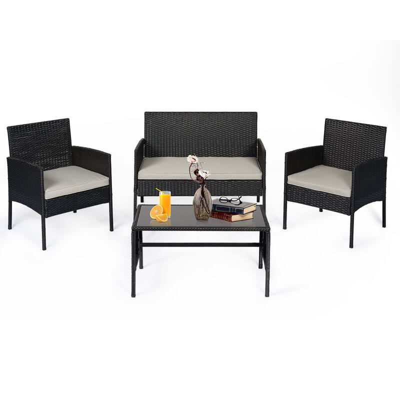 4 Piece Patio Conversation Wicker Furniture Set, Outdoor Rattan Sectional Furniture Set With Cushions for Yard Garden