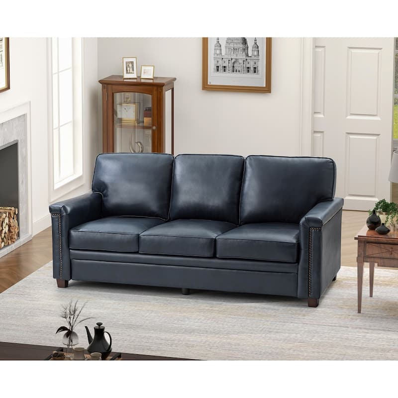 Rita Living Room 3-Seat Genuine Leather Sofa with Solid Wood Legs and Nailhead - NAVY