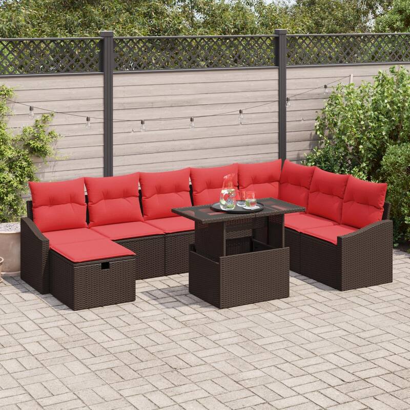 vidaXL 9 Garden Sofa Set with Cushions Black/Brown/Grey Poly Rattan - 113.6 x 70.3 x 27.2 - Brown