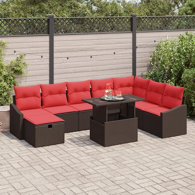 vidaXL 9 Garden Sofa Set with Cushions Black/Brown/Grey Poly Rattan - 113.6 x 70.3 x 27.2