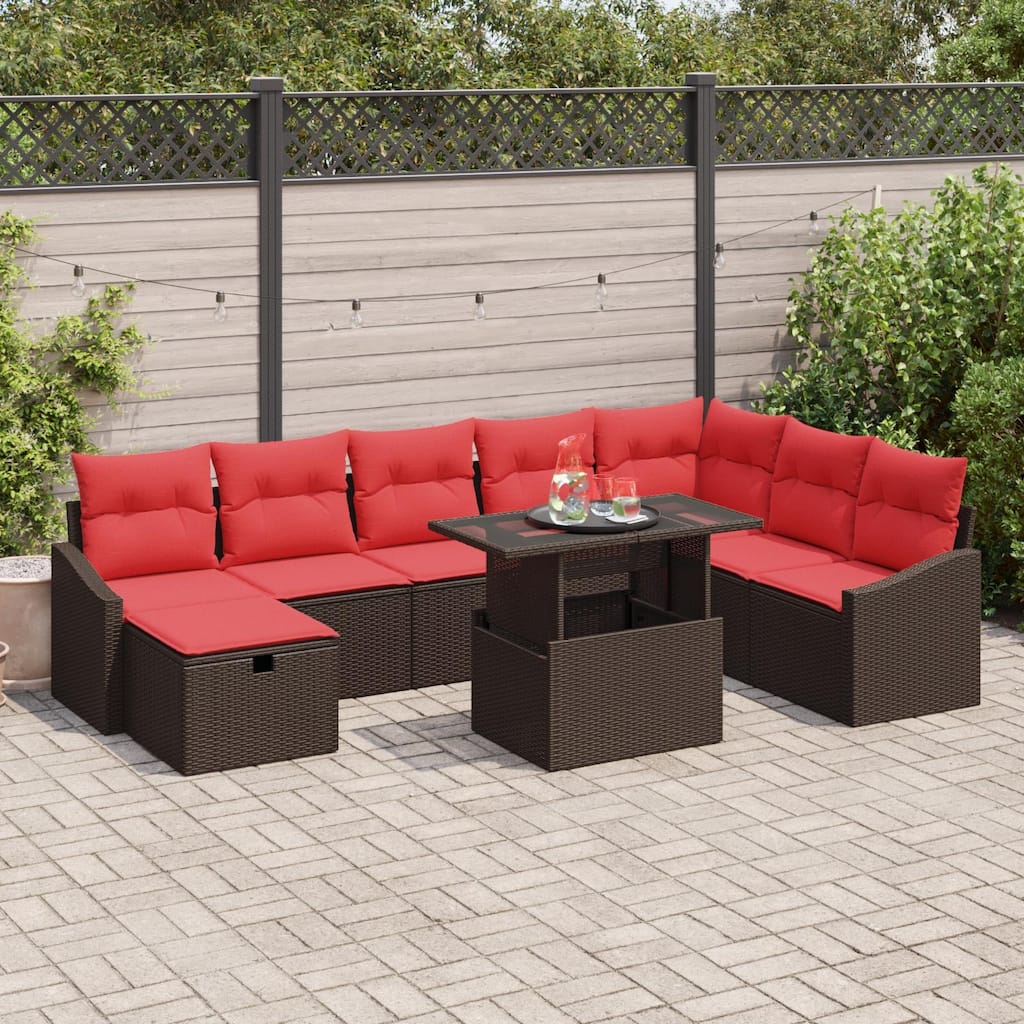 vidaXL 9 Garden Sofa Set with Cushions Black/Brown/Grey Poly Rattan - 113.6 x 70.3 x 27.2
