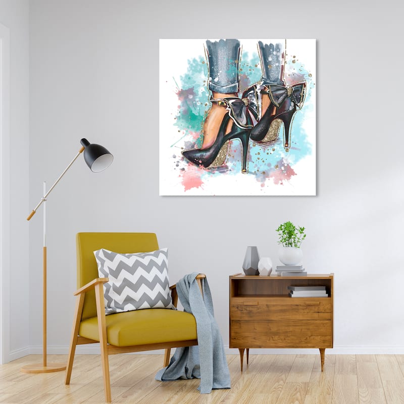 Wynwood Studio Fashion and Glam Pastel Glam Heels Blue and Metallic Gold Glam Wall Art Canvas Print - 30 x 30