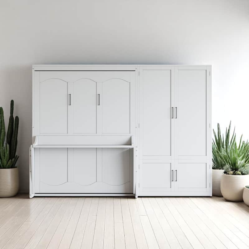 Queen Murphy Wall Bed with Side Folding, Closet Storage & Hydraulic Lift - White - Queen