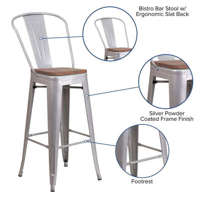 30" High Metal Barstool with Back and Wood Seat - 17.75"W x 20"D x 45.25"H
