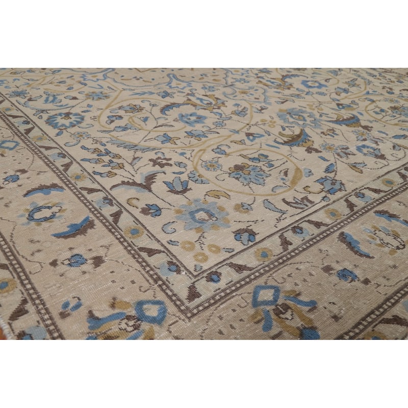 Floral Tabriz Persian Area Rug Beige Floral Handmade Wool Carpet - 7'2"x 10'5"