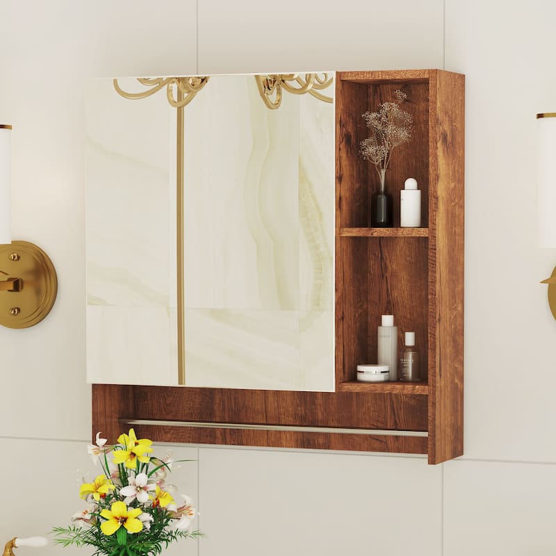 Wall-mounted bathroom medicine cabinet with shelves and a towel rack, designed for over-the-toilet storage and organization.
