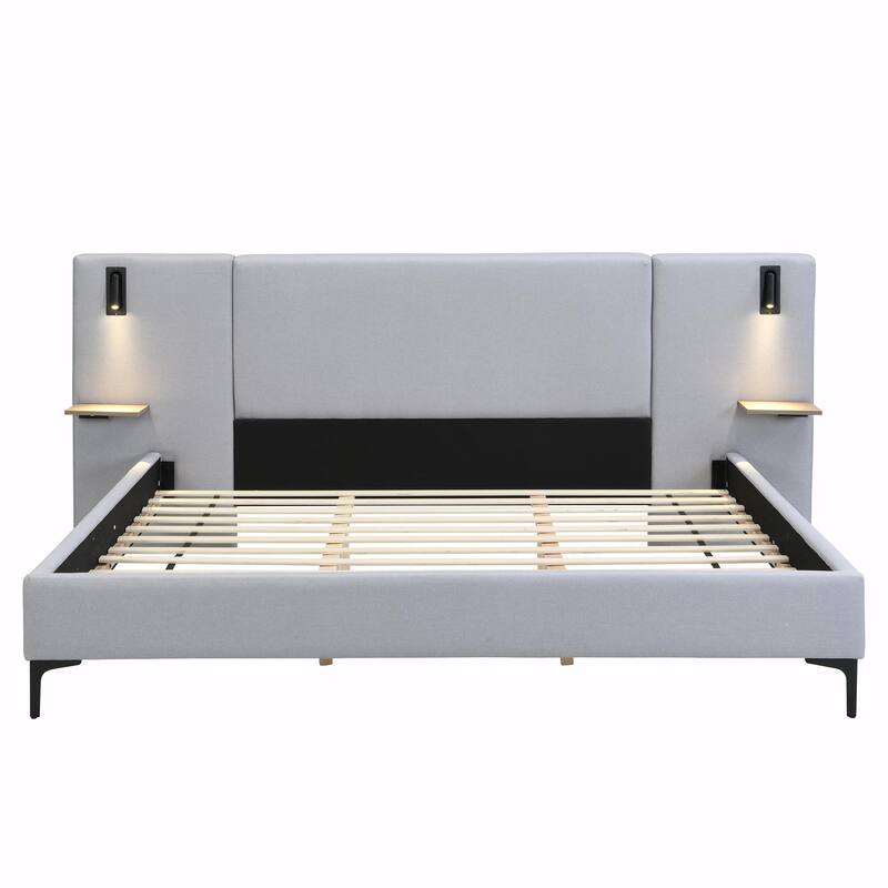 Chic Bouclé Upholstered Bed with Integrated Lighting and Shelves