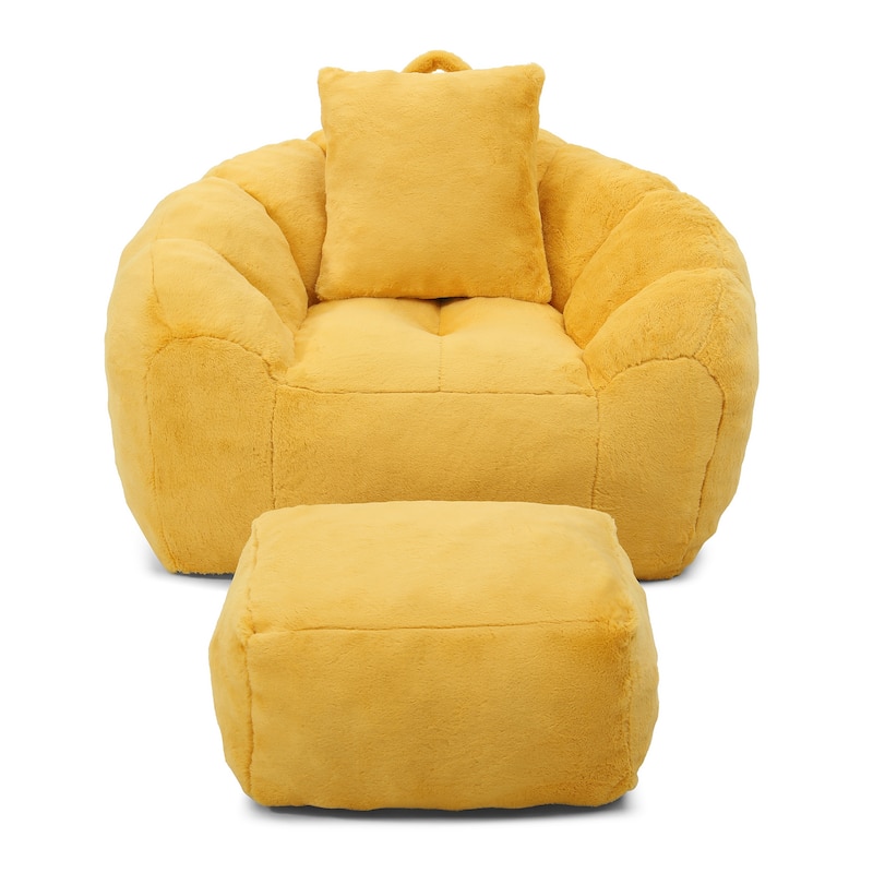 Faux Fur Bean Bag Chair with Ottoman, Giant Bean Bag Chairs for Adults, Shell-Shaped Lounge Floor Sofa with Filler
