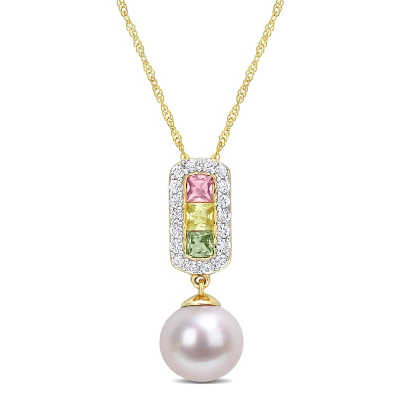 Miadora Cultured Freshwater Pearl & Multi-Color Sapphire Drop Necklace in 14k Yellow Gold (8.5-9mm)