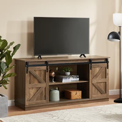 Homy Casa 58'' Farmhouse TV Stand. Sliding Barn Doors, Storage Cabinet