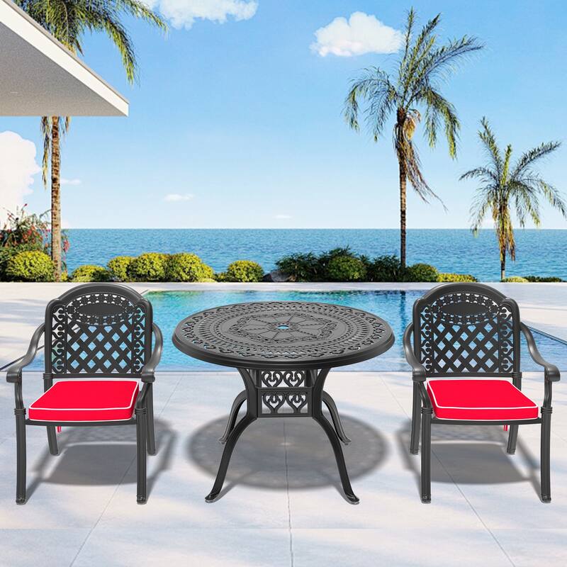 3/5-Piece Cast Aluminum Outdoor Dining Set with 39.37 in. Round Table and Random Color Seat Cushions - Black( 3-Piece Sets-B)