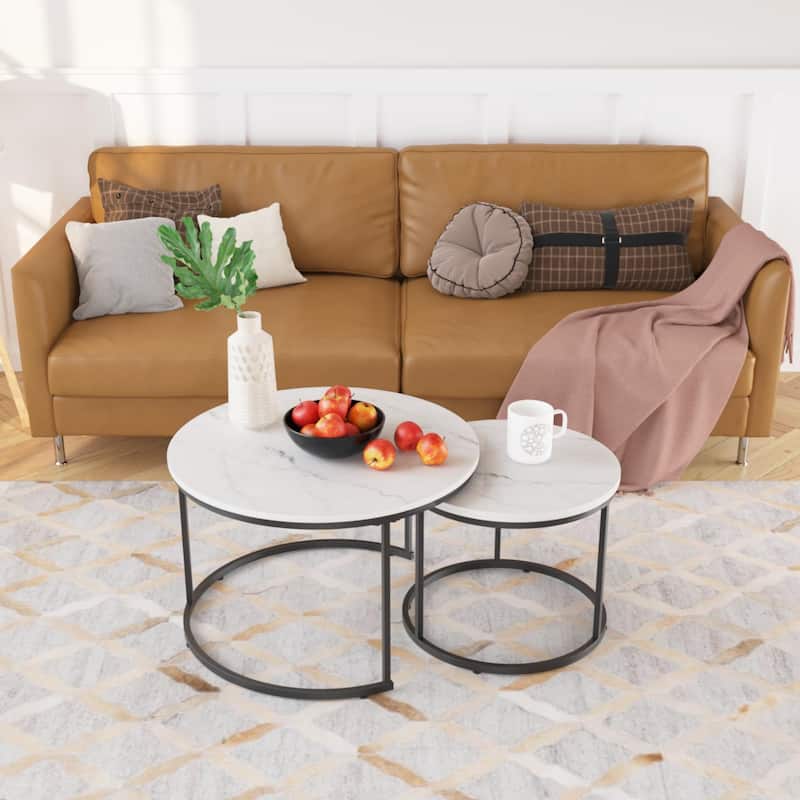 Modern Nesting Coffee Table Round Coffee Table Side Table, 2-Piece Set with Base, for Living Room, Brown