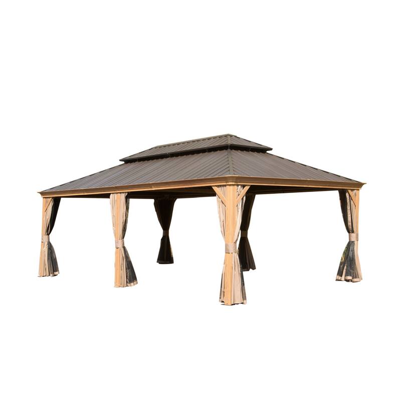 14x22FT Hardtop Gazebo with Galvanized Steel Roof, Aluminum Frame, Built-in Gutter, Curtains and Netting for Outdoor Patio - Brown