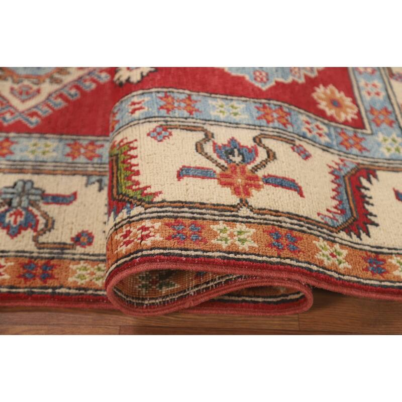 Red Geometric Kazak Area Rug Handmade Wool Carpet - 5'2" x 6'8"