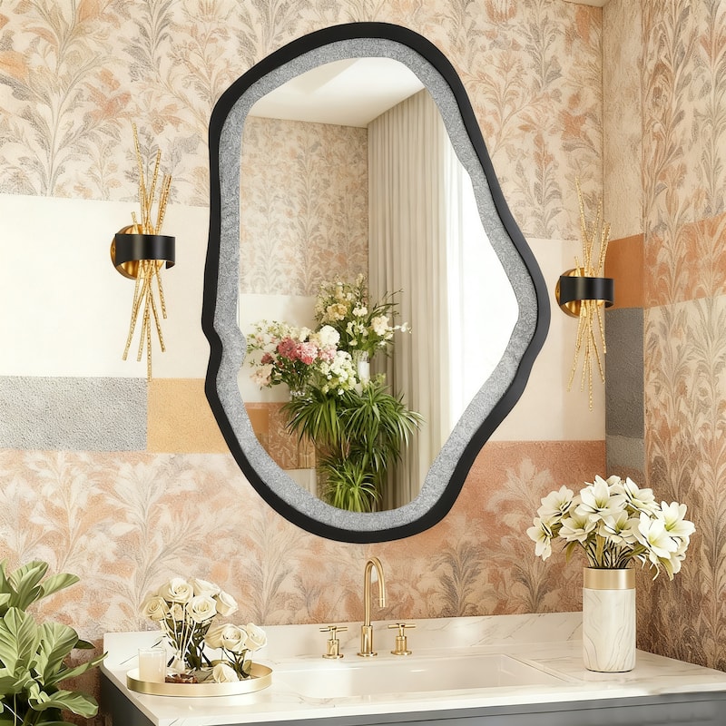 Mireve Modern Irregular Wall Mirror Asymmetrical Decorative Black Bathroom Mirror - W31.9"xD0.8"xH47.2"