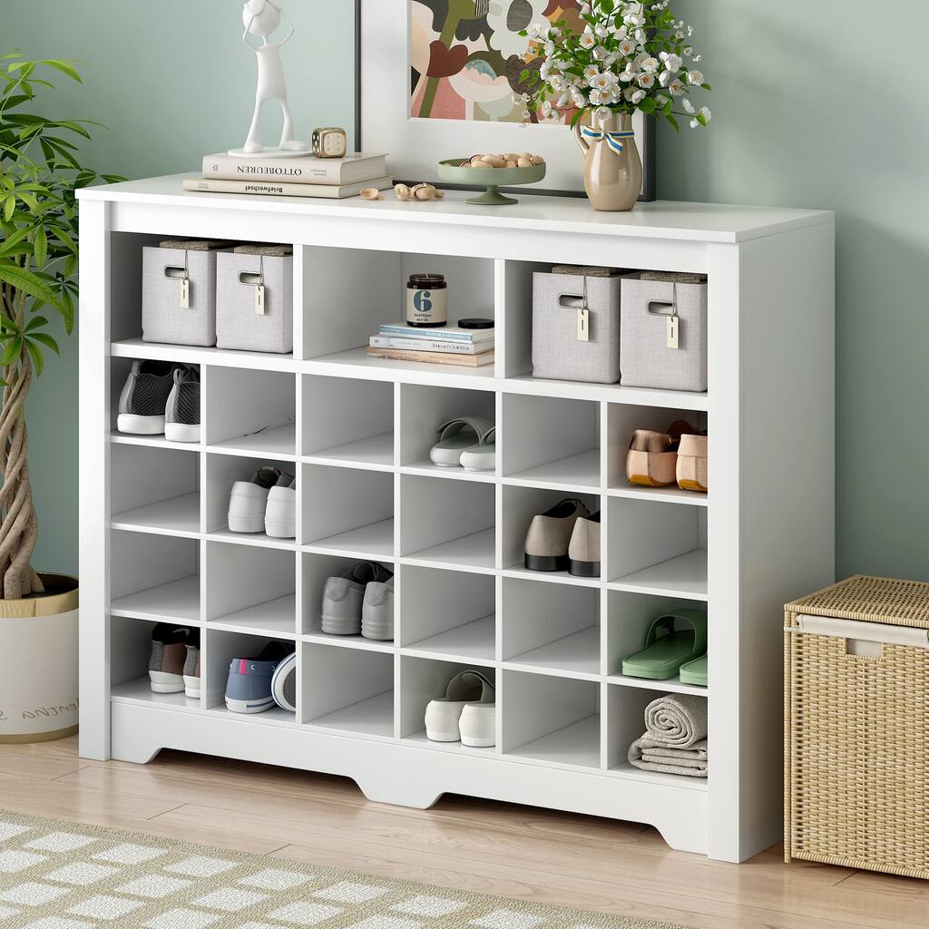Sleek Design 24 Shoe Cubby Console, Modern Shoe Cabinet with Curved Base, Versatile Sideboard with High-quality