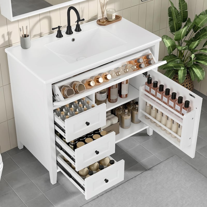 Bathroom Vanity with Sink, Modern MDF and Rubberwood Cabinet with 3 Drawers and Adjustable Shelf - White - 36-Inch