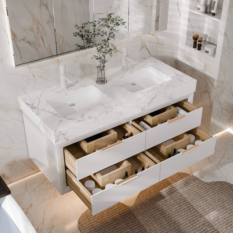 Modland 48" Floating Double Sink Bathroom Vanity with White Stone Countertop, Soft-Close Drawers, LED Lighting