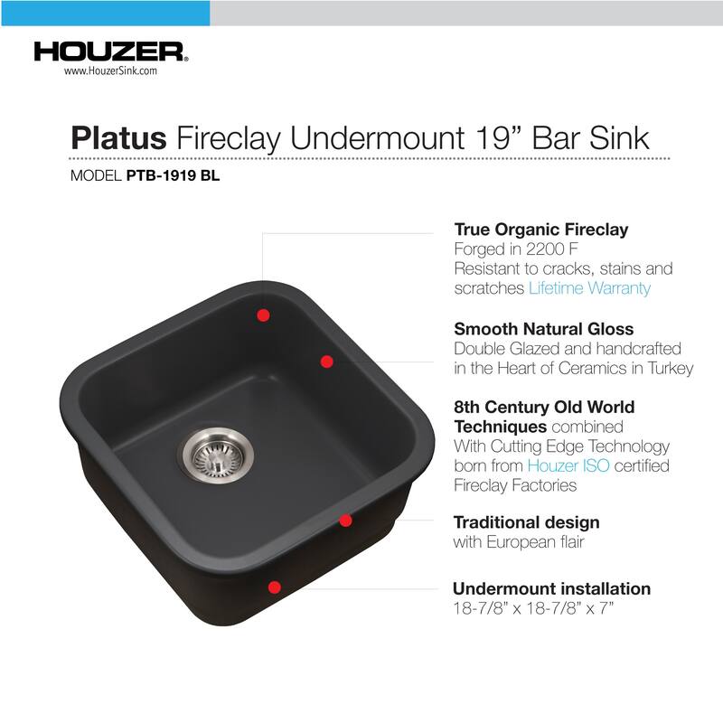 Houzer Platus 18-7/8" Undermount Single Basin Fireclay Bar Sink