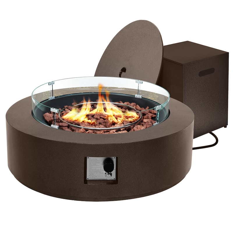 Patio Watcher Outdoor 42in. Iron Fire Pit Table with Propane Tank Cover and Glass Wind Guard