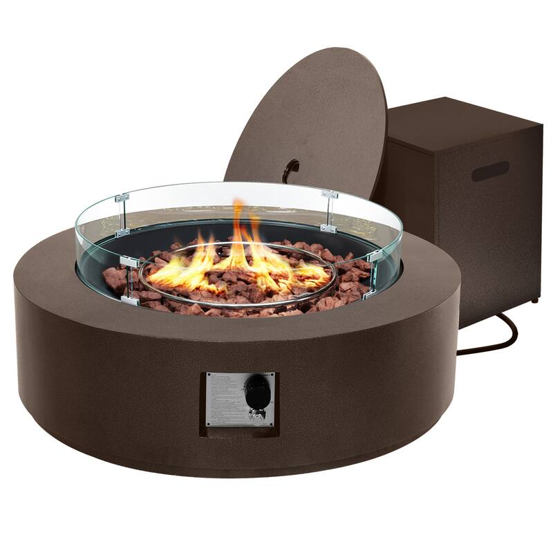 Patio Watcher Outdoor Brown Iron Fire Pit Table with Metal Lid and Propane Tank Cover，Glass Wind Guard Option