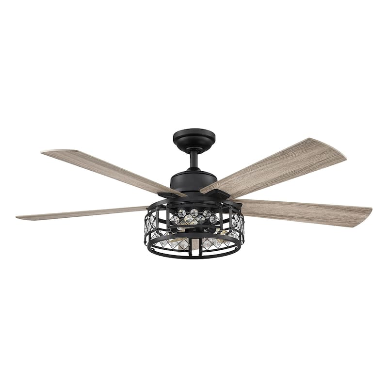 52" Oak Wooden 5-Blade Crystal LED Ceiling Fan with Remote - 3-Light