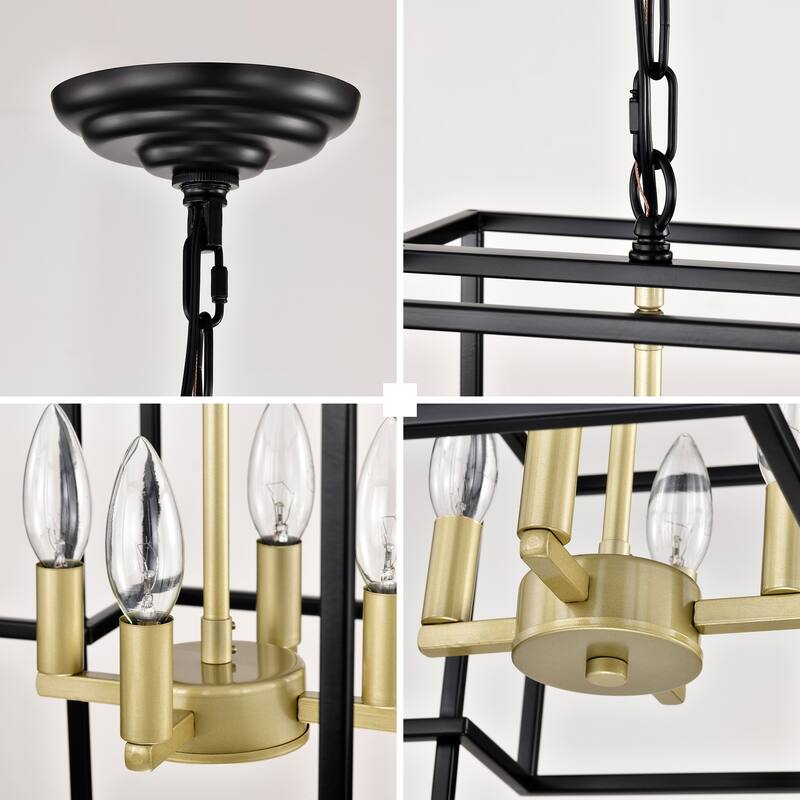 Industrial 4-Light Matte Black Farmhouse Lantern Chandelier, for Dining Room and Kitchen, E12 Bulbs Not Included