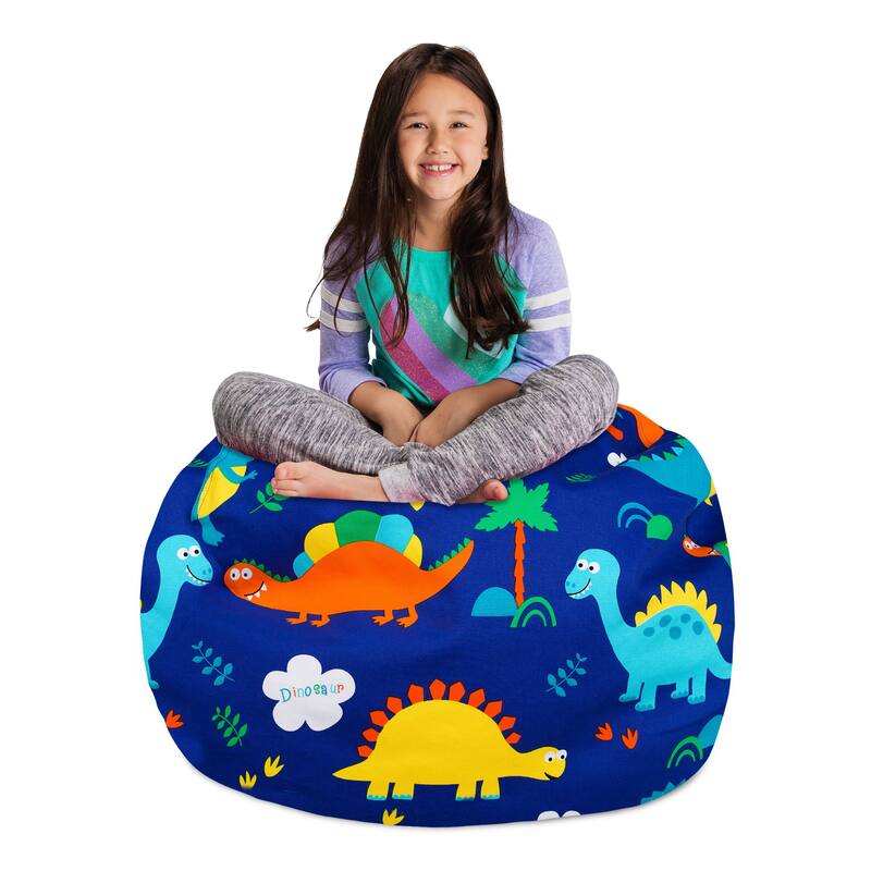 Kids' Stuffed Animal Storage Bean Bag Chair Cover or Toy Organizer - 38 Inches Large - Canvas Dinos on Blue