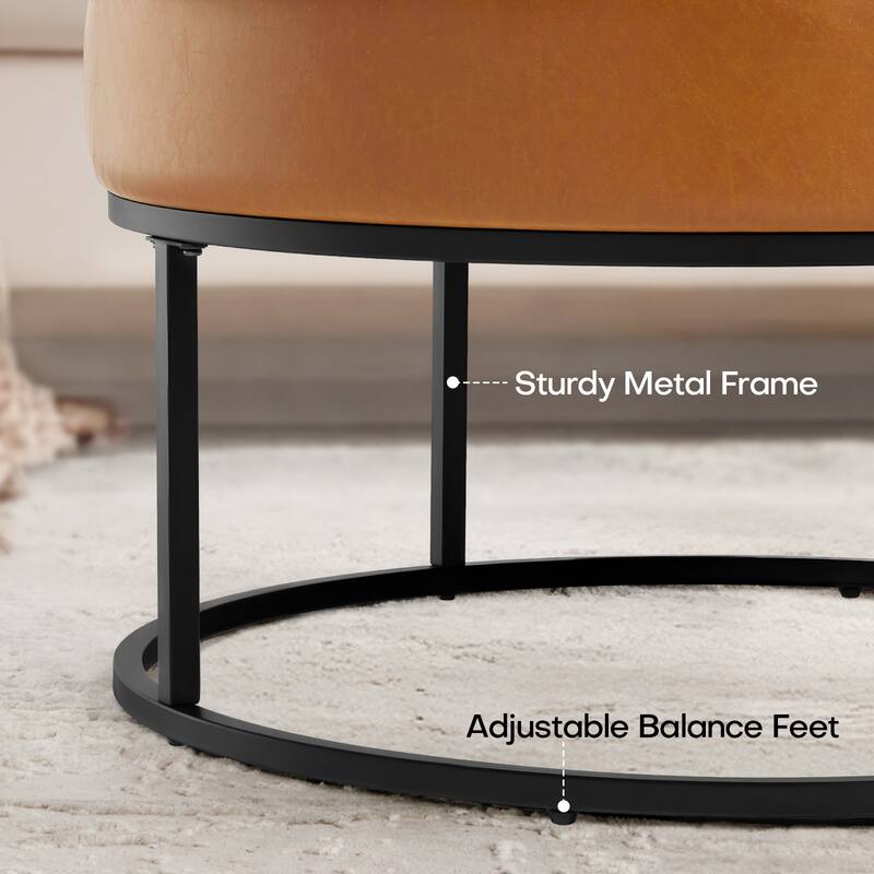 Faux Leather Round Ottoman for Living Room with Metal Legs