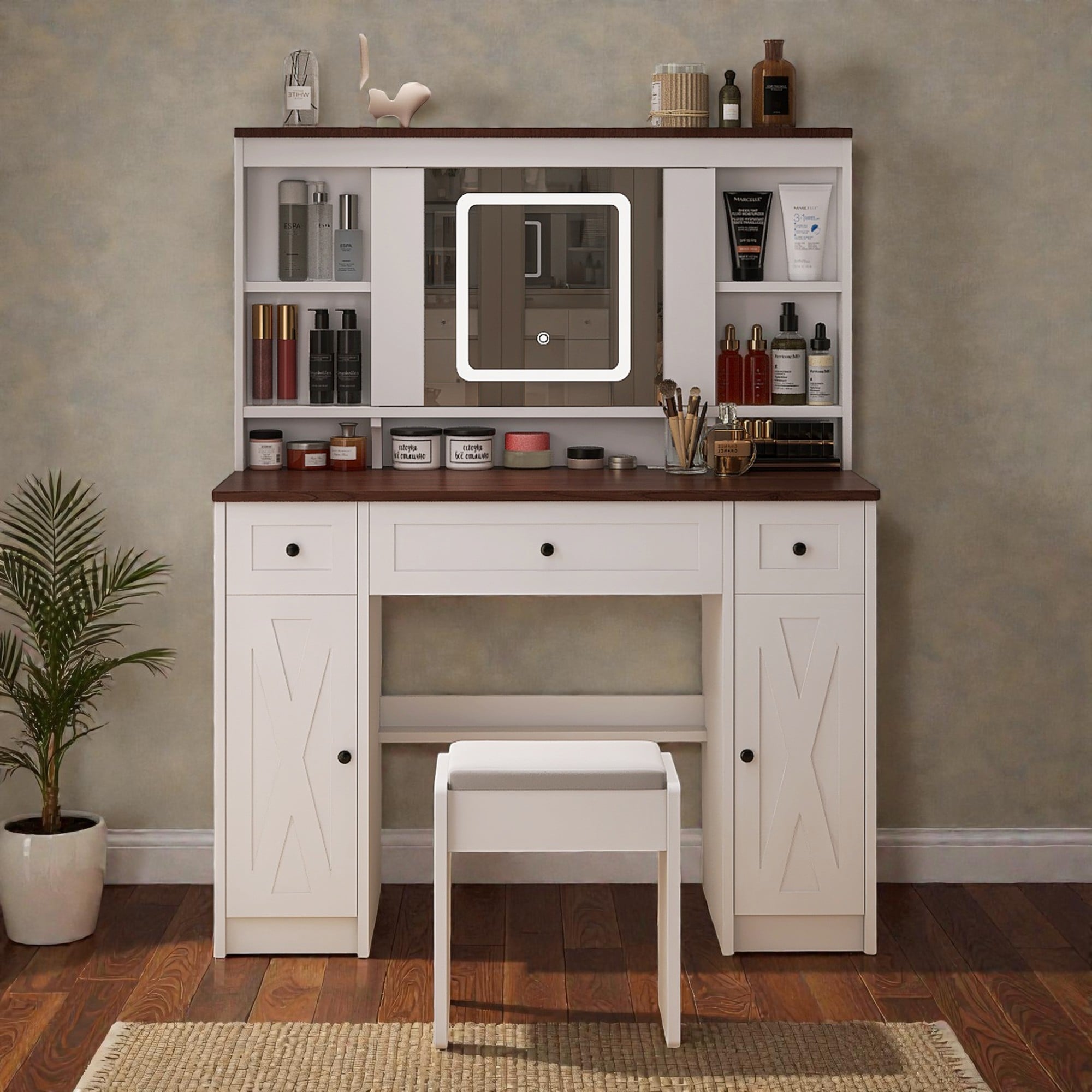 Farmhouse Makeup Vanity Desk with Sliding Mirror, LED Lighted Dressing Table with Charging Station,5 Drawers and Cushioned Stool