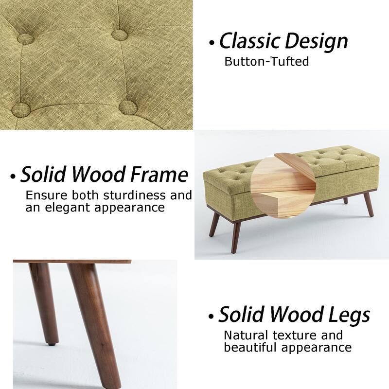 Linen Storage Ottoman Bench with Wood Legs, Upholstered Entryway Bench Tufted Mid Century Modern Ottoman Bedroom End of Bed