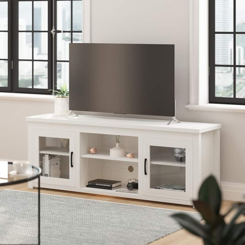 Classic TV Stand for up to 80" TVs-Glass Fronted Doors-Modern Finish - White Wash