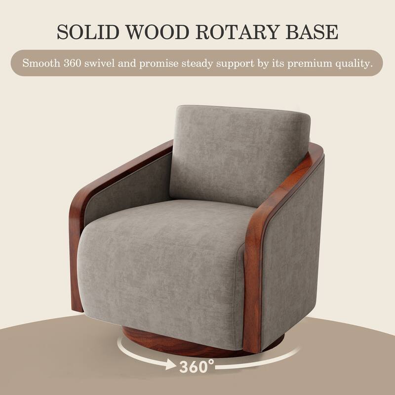 Upholstered Swivel Barrel Chair with Curved Wood Arms