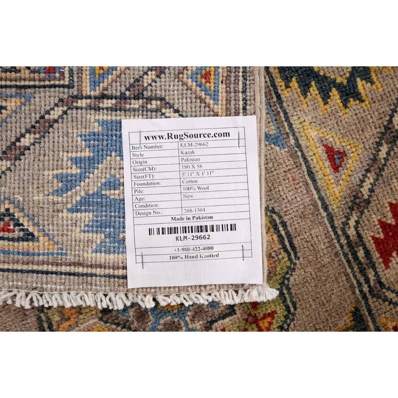 Geometric Brown Kazak Oriental Runner Rug Hand-Knotted Wool Carpet - 1'11" x 5'11"