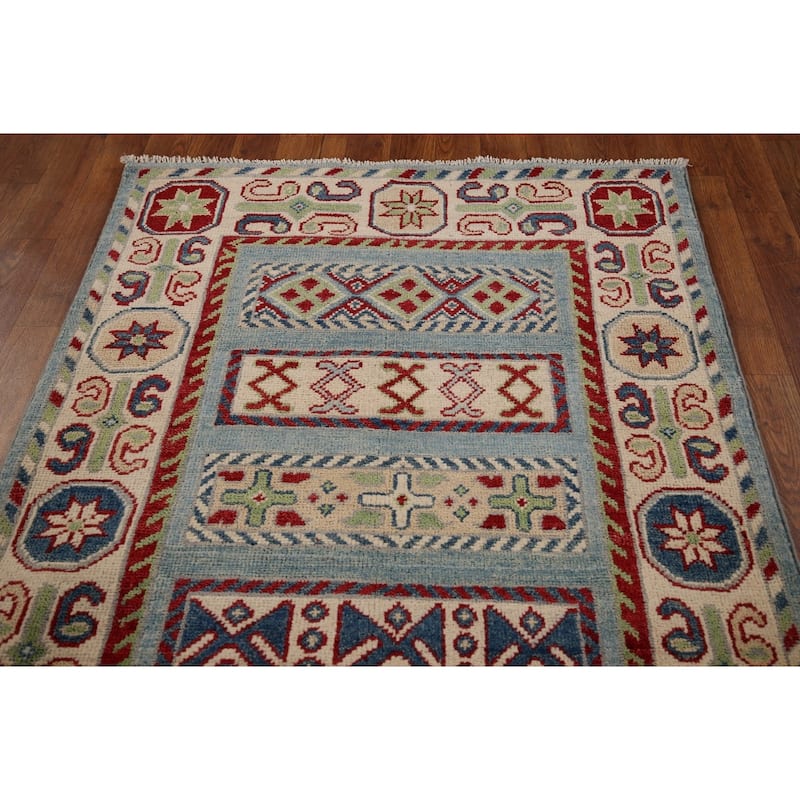 Geometric Blue Kazak Oriental Runner Rug Hand-Knotted Wool Carpet - 3'2" x 16'1"