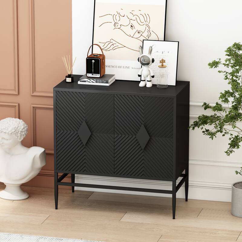 Sideboard Pantry Cabinet with Diamond Door Handles, Decorative Cabinet Credenza Dining Cabinet with Fluted Doors - Black