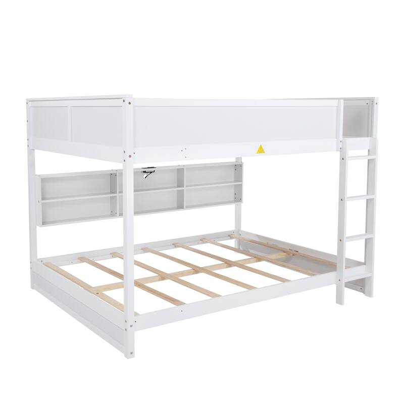 Roomfitters Queen Over Queen Bunk Bed with Storage Cabinets and Charging Station, Solid Pine Wood Bunk Bed