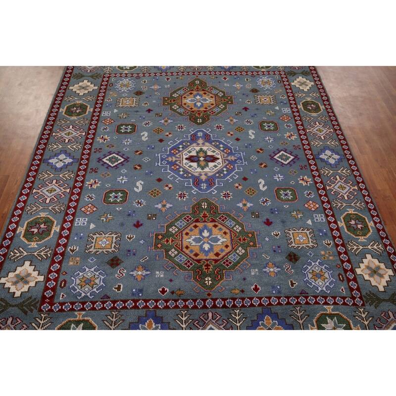 Blue Kazak Rug Hand-Knotted Wool Carpet - 8'0" x 9'11"