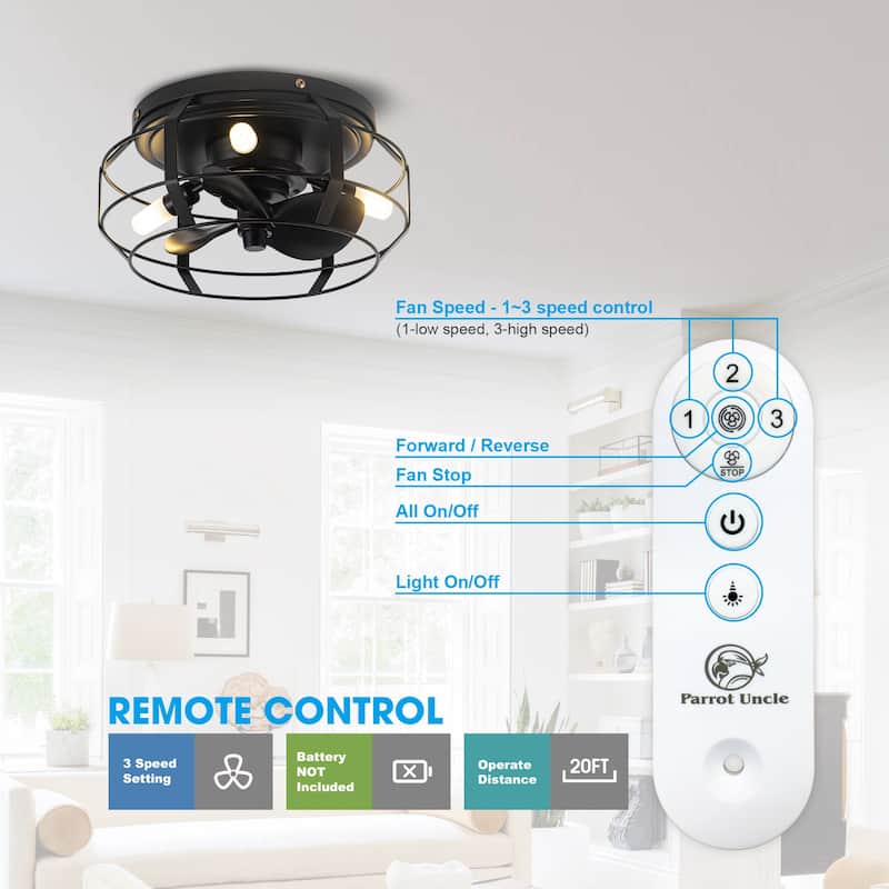12" Black Industrial Caged Flush Mount Ceiling Fan with Lights and Remote
