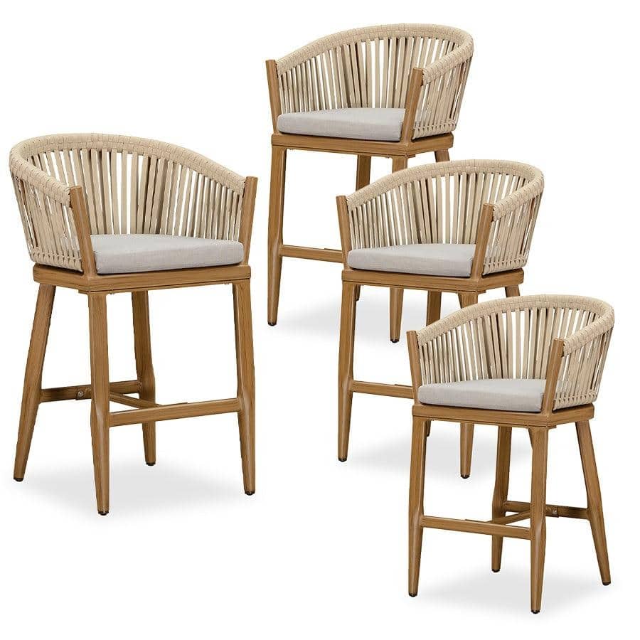 PURPLE LEAF Bar Stools Set of 4 Metal Modern Wicker Rattan Bar Chairs with Back and Cushions