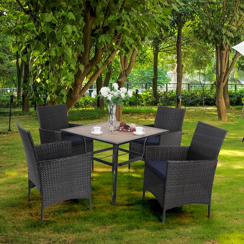Patio 5-piece Dining Set, 1 Square 37" Metal Table with Umbrella Hole and 4 Rattan Chairs with Cushion
