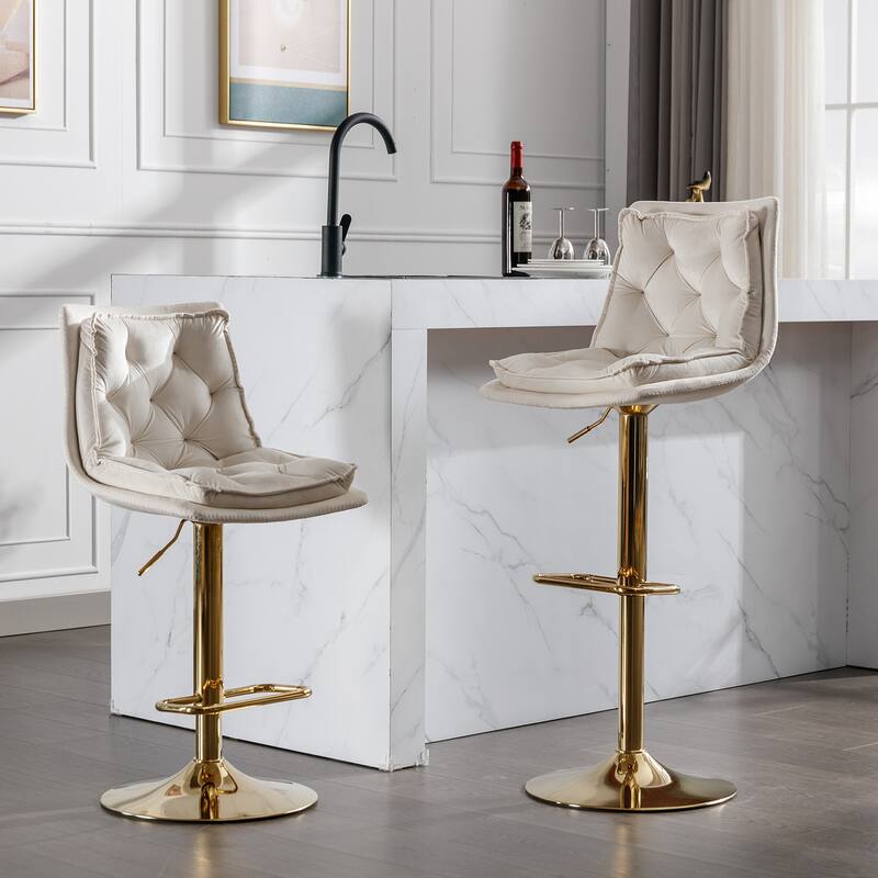 Set of 2 Bar Stools,with Chrome Footrest,Base Swivel Height Adjustable Mechanical Lifting Velvet + Golden Leg Simple Bar Stool - Cream