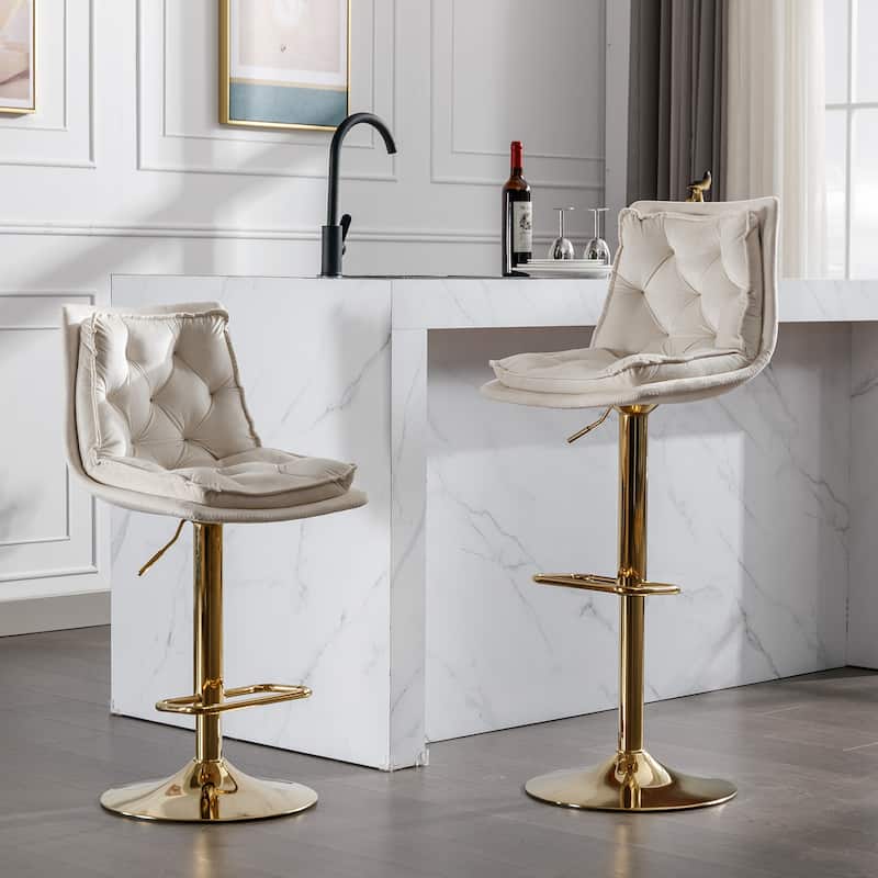 Velvet Swivel Bar Stools Set of 2, Dining Bar Stool with Height Adjustable, Upholstered Kitchen Stools with Footrest聽 - Cream