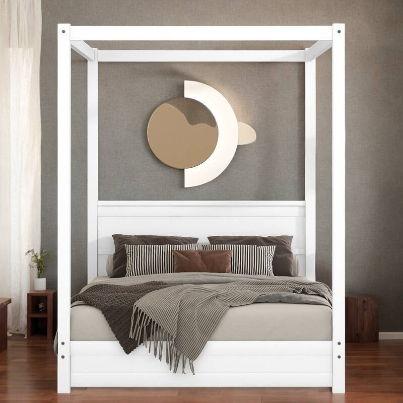Modern Full Size Canopy Bed with Square Headboard, Platform Bed with Support Legs, Wooden Bed with Sturdy Frame, White
